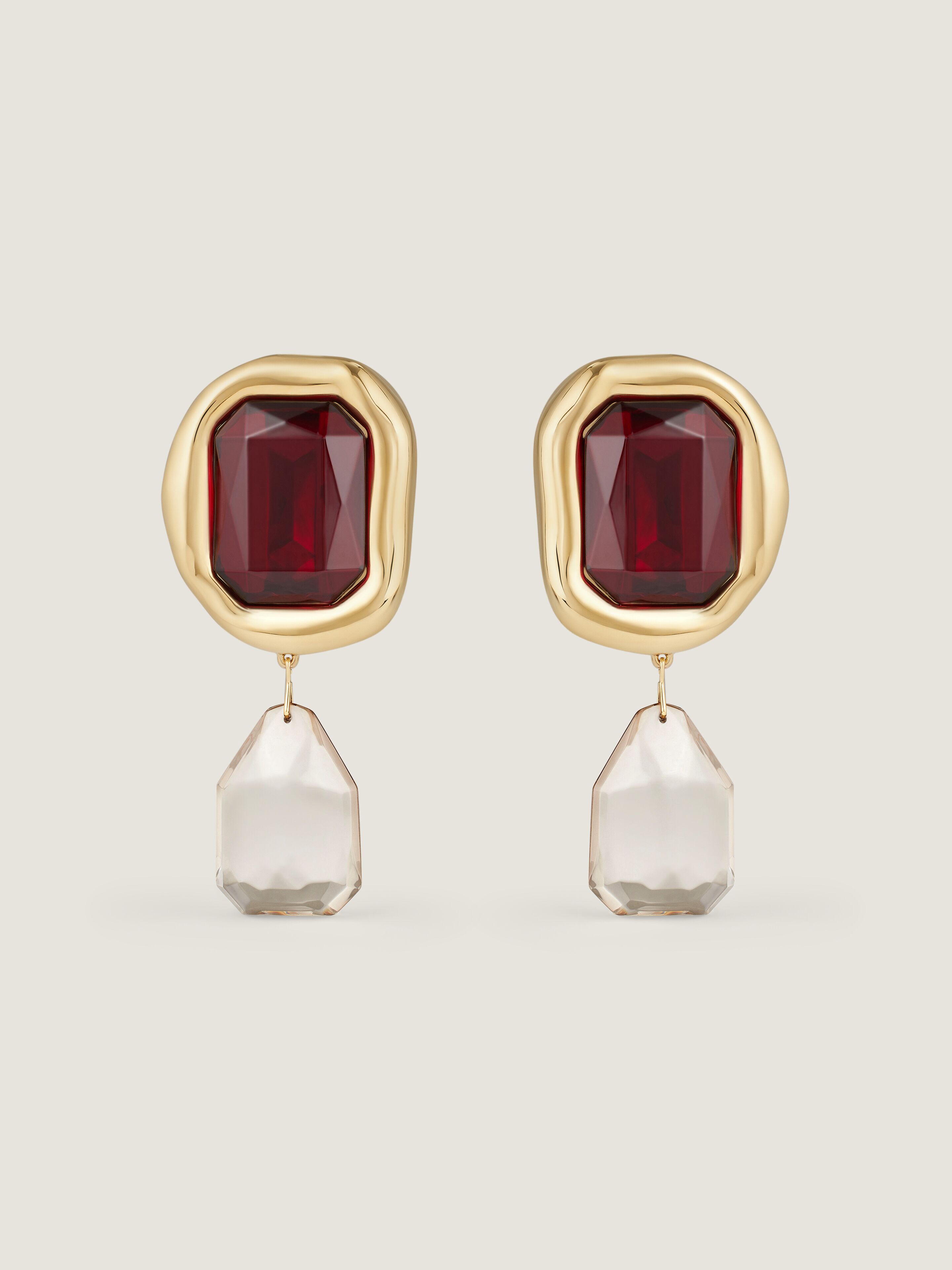 Sculptural Crystal clip earrings in metal and crystals